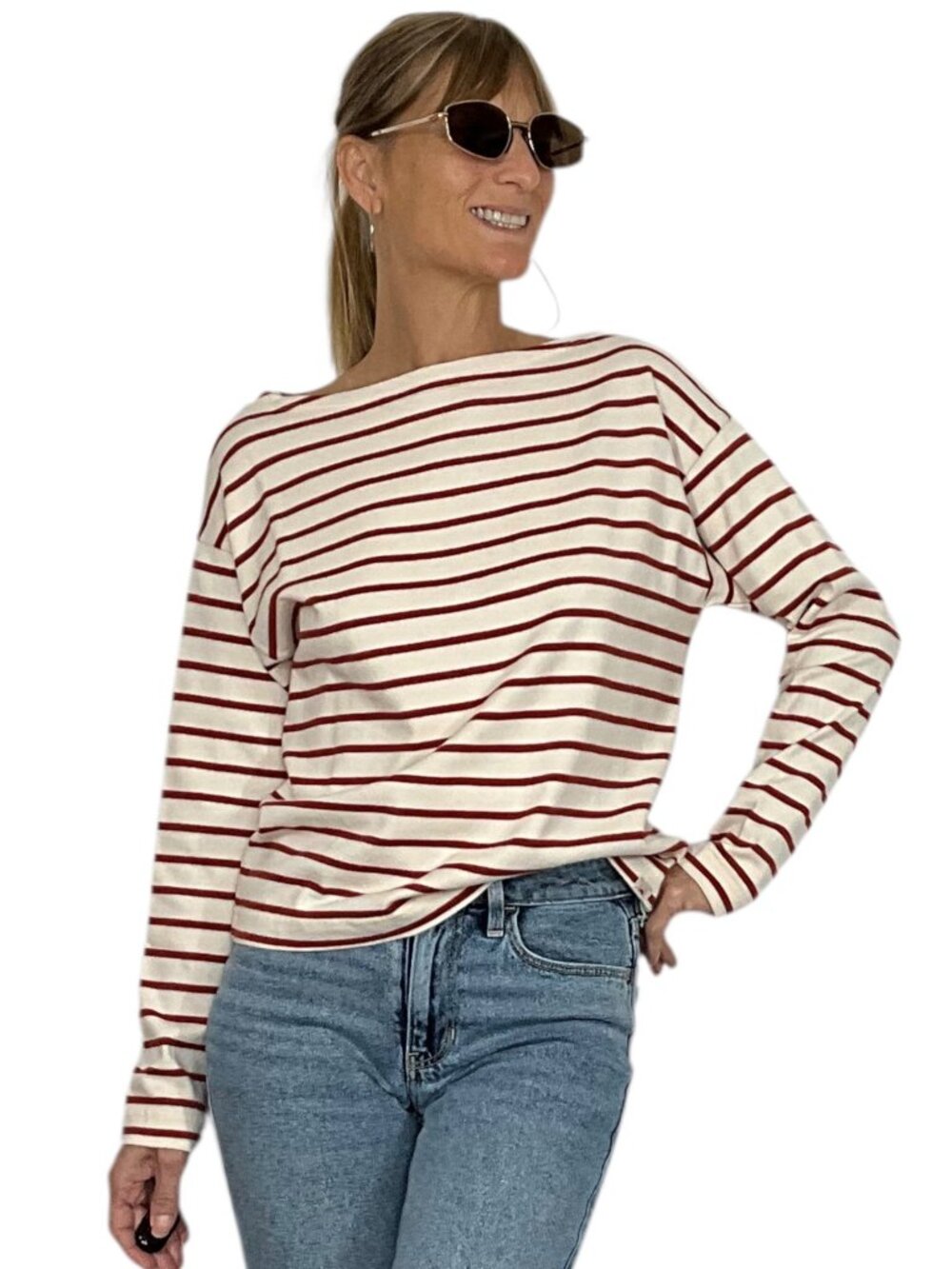 Faherty Womens Striped Shirt S Red Cream Nautical Long Sleeve Organic Cotton